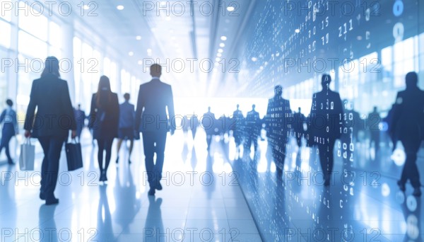 Business, abstract background, blur computer code, silhouette of walking people in a hall, blue hues, AI generated