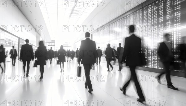 Business, abstract background, blur computer code, silhouettes of walking people, monochromatic black and white, AI generated
