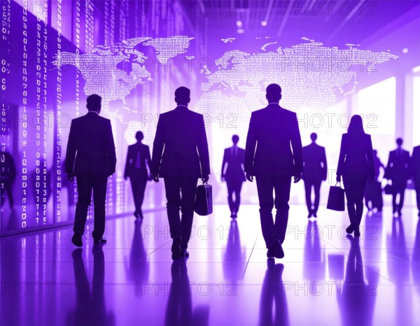 Business, abstract background, blur computer code, silhouette of walking people in a hall, purple hues, AI generated