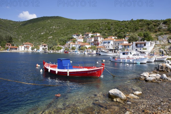 Boats in the harbour of Agia Kiriaki on the Aegean Sea, Pelion or Pelion Peninsula, Magnisia, Thessaly, Greece