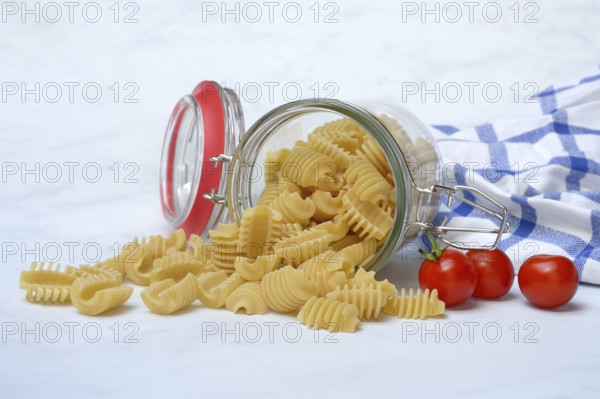 Italian pasta in glass containers, Radiatori variety