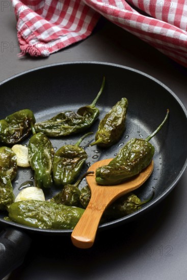 Pan-fried pimientos de padron in olive oil, roast peppers