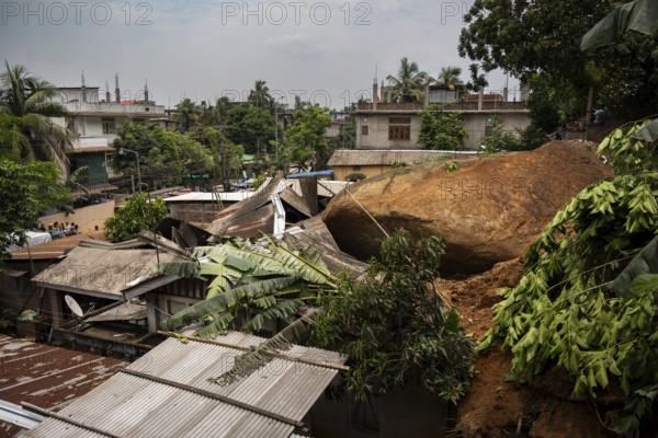 Damaged houses after a major landslide, triggered by a heavy downpour, in Guwahati, India, on June 7, 2025. One person was reported missing in thr landslide and two houses damaged