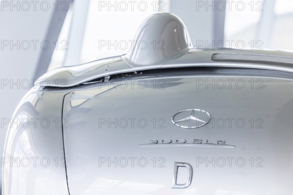 Mercedes-Benz racing car fast transporter from 1955 with 300 SLR racing car. The Mercedes-Benz Museum in Stuttgart presents a journey through the automotive history of the global corporation. The history of the Mercedes star begins with the first automobile in 1886. 160 vehicles are on display. Stuttgart, Baden-Württemberg, Germany