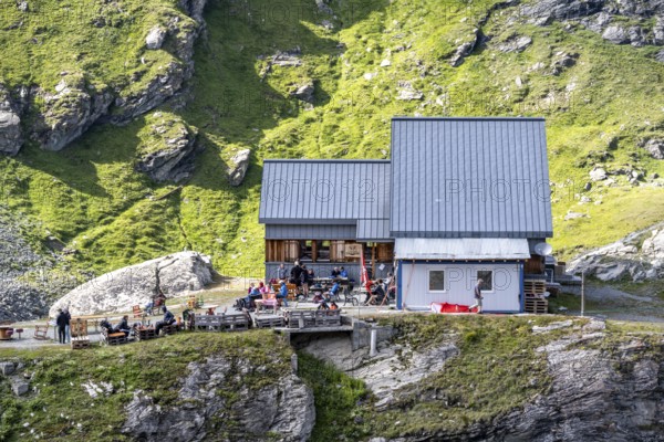 Cabane de Prafleuri mountain hut in mountain landscape, Valais, Western Alps, Switzerland