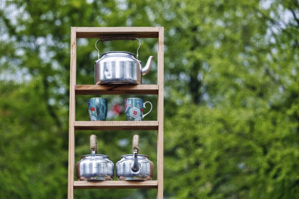 Tea kettle, kettle and tea cup on a shelf, decoration, Keukenhof gardens, Lisse, Bollenstreek, South Holland, Netherlands