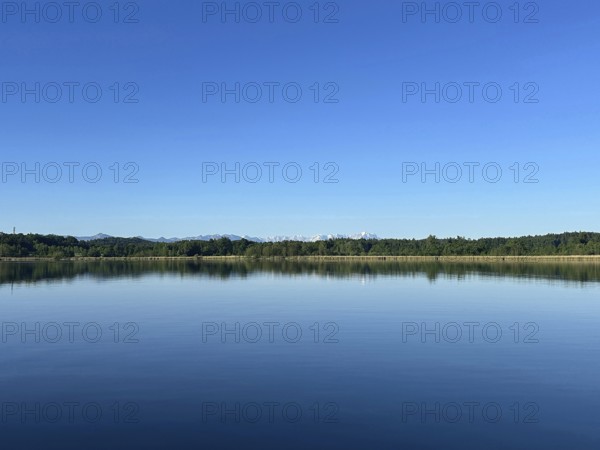 Wooded shore on Lake Starnberg with a view of the Zugspitze massif, Bavaria, Germany