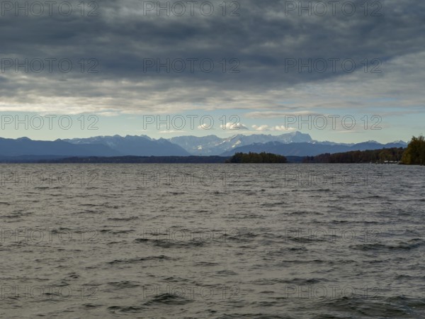 Lake Starnberg, behind the Zugspitze massif, Bavaria, Germany