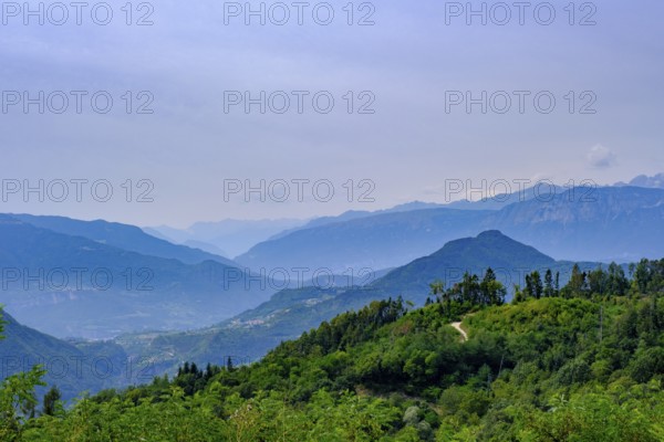 View from the pilgrimage church, Santuario della Madonna di Pinè on the Valsugana, Montagnaga, Val di Pine, Alta Valsugana e Bersntol Trentino, Italy