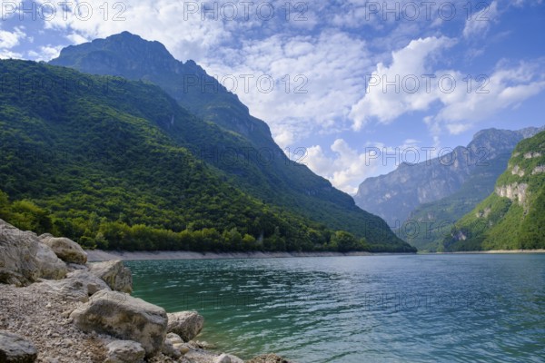 Pian Falcina, bathing beach on Lago di Mis, Sospirolo, Belluno, Veneto, Italy