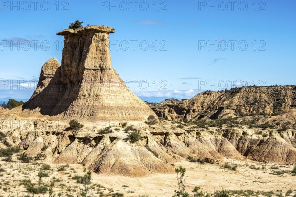 Tozal Solitario, peak along gravel road Ruta Jubierre, desert, rock formation, Desierto de los Monegros, Spain
