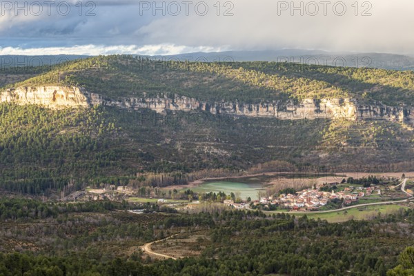 View from viewpoint mirador de Una, village Una, lake, rock formations, nature reserve, Cuenca region, Spain
