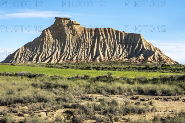 Colorful rock formation, semi-desert, Bardena Blanca area, Bardenas Reales Nature Park, Navarre, Spain