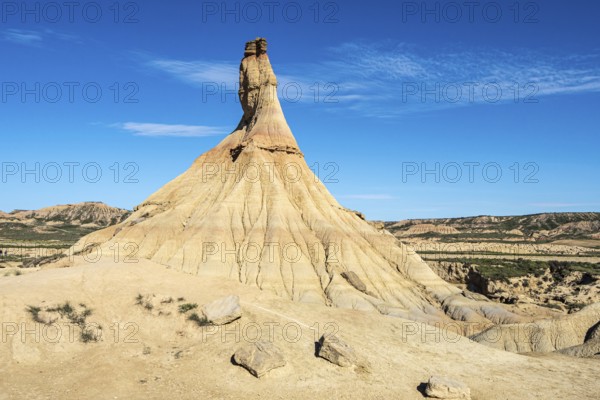 Castildetierra rock formation, semi-desert, Bardena Blanca area, Bardenas Reales Nature Park, Navarre, Spain