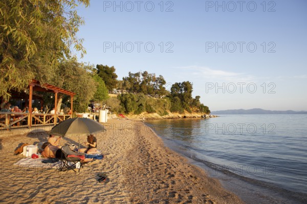 Kato Gatzea beach on the Pagasitic Gulf at sunset, Pelion or Pelion Peninsula, Magnisia, Thessaly, Greece