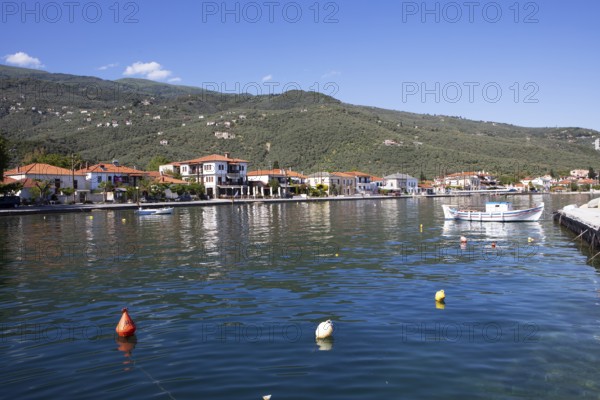 Boat in the harbour of Kato Gatzea on the Pagasitic Gulf, Pelion or Pelion Peninsula, Magnisia, Thessaly, Greece