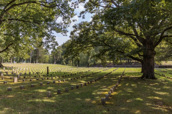 Grave stones in the US National Cemetery in Shiloh National Military Park near Shiloh, Tennessee
