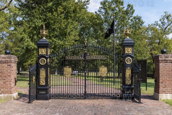 Iron gates at the entrance to the US National Cemetery in the Shiloh National Military Park in Pittsburg Landing, Tennessee
