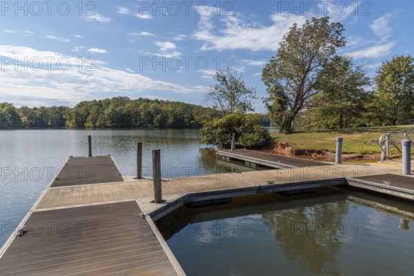 Floating dock on Pin Oak Lake at the Pin Oak Campground in Natchez Trace State Park near Wildersville, Tennessee