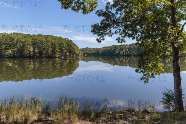 Man fishing in small boat on Pin Oak Lake in Natchez Trace State Park near Wildersville, Tennessee