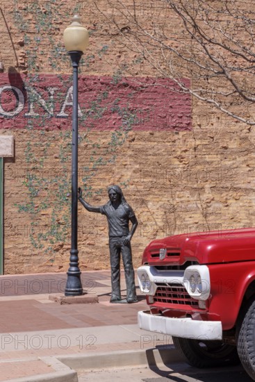 Statue of a man Standin' on a Corner in Winslow Arizona as sung in the classic Glenn Frey and Jackson Browne song