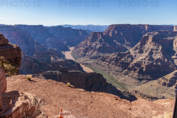 Colorado River runs between rock formations at Guano Point in Grand Canyon West near Peach Springs, Arizona