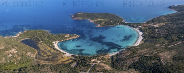 Aerial view, Plage de Rondinara, turquoise sea, sandy beach, bay, Corsica, France