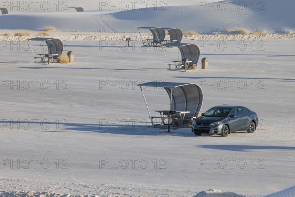 Parking and picnic area between the white gypsum sand dunes at White Sands National Park in Alamogordo, New Mexico, USA