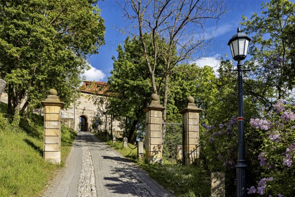 Stone entrance to a castle with cobblestone street and blue sky in the background, The Creuzburg in Thuringia