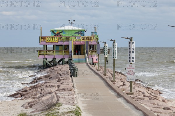 Pelicans and the Shark bar at the 61st Street Fishing Pier on the Texas Gulf Coast at Galveston, Texas