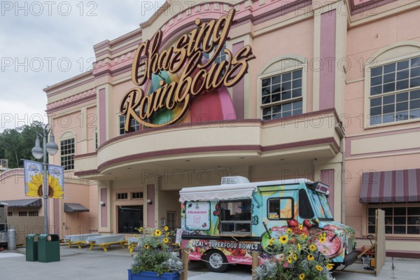 Blended Pedaler food truck parked at the entrance of the closed Chasing Rainbows theater at the Dollywood amusement park in Pigeon Forge, TN