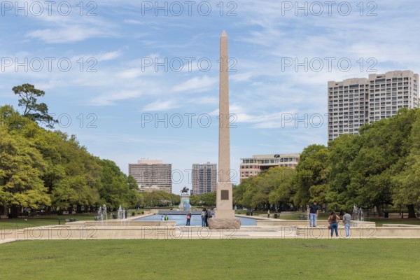 Pioneer Memorial Obelisk and the Molly Ann Smith Plaza at the end of the Mary Gibbs and Jesse H. Jones Reflection Pool at Hermann Park in downtown Houston, Texas