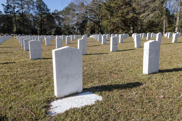 Headstones of many unknown confederate soldiers at the Enterprise Confederate Cemetery in Enterprise, Mississippi, USA