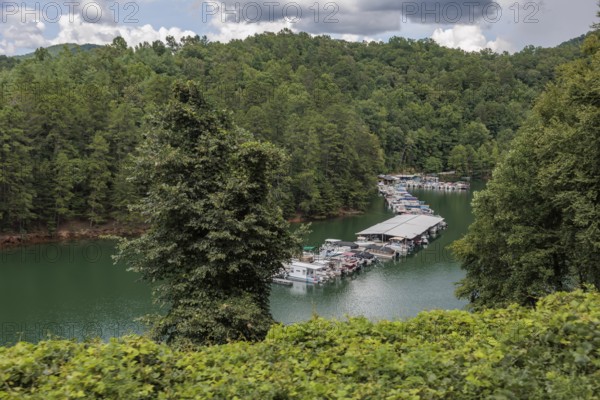 View of a marina on Fontana Lake as seen from the open air car of the Great Smoky Mountains Railroad on its excursion from Bryson City, North Carolina