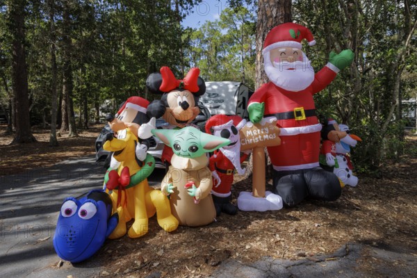 Inflatable Christmas decorations at a campsite in Fort Wilderness campground at Walt Disney World in Orlando, Florida