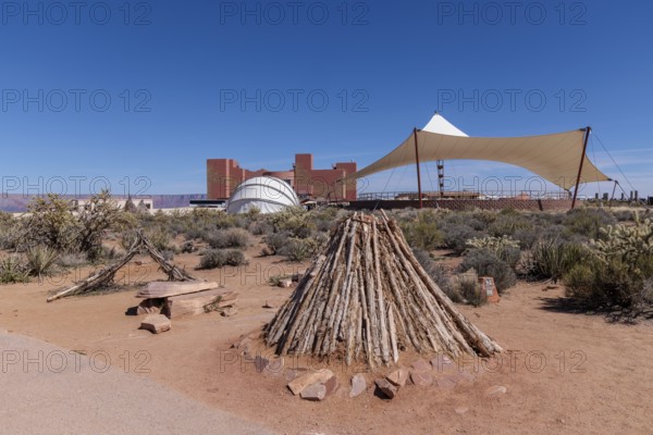 Cultural exhibits and shade structures at the Eagle Point overlook area of Grand Canyon West near Peach Springs, Arizona