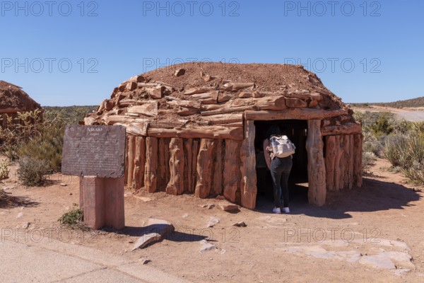 Navajo hogan exhibit teaches guests about native American culture at Grand Canyon West near Peach Springs, Arizona