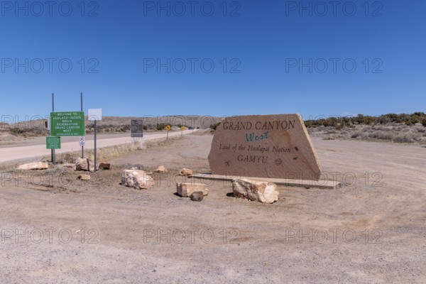 Entrance sign wlecoms visitors to Grand Canyon West near Peach Springs, Arizona