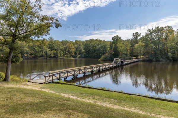 Bridge on Cub Creek Trail over Cub Creek Lake in Natchez Trace State Park near Wildersville, Tennessee