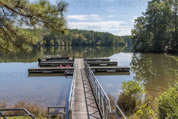 Floating dock with rental boats at The Lodge in the Pin Oak area of Natchez Trace State Park near Wildersville, Tennessee