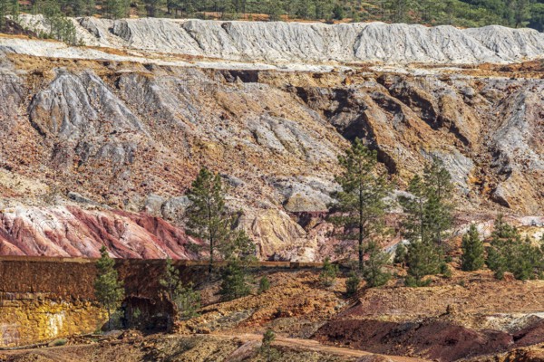 Rio Tinto mining area, destroyed nature and remains of mining activities, views along the touristic railroad line, Minas de Riotinto, Andalusia, Spain