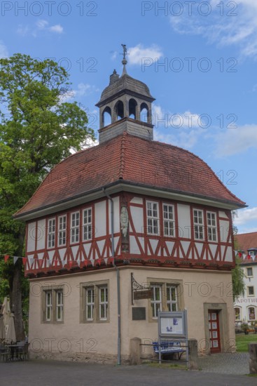 The historic Pfennigstube, carters paid their salt duty here, half-timbered idyll of the old town of Bad Sooden, Allendorf, Bad Sooden district, salt trade, salt extraction, export, tower, townscape, restored half-timbered house, Werra-Meissner district, Hesse, Germany