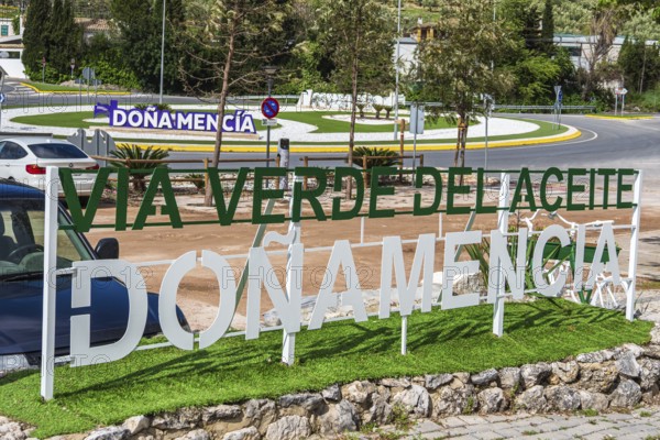 Sign of cycle path Via Verde Del Aceite, village Dona Menica, Andalusia, Spain