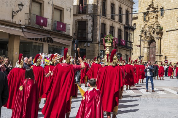 Drum and trumpet band parading through the streets of Ubeda during the celebration of the traditional Semana Santa (Holy Week), Ubeda, Unesco heritage city, Andalusia, Spain
