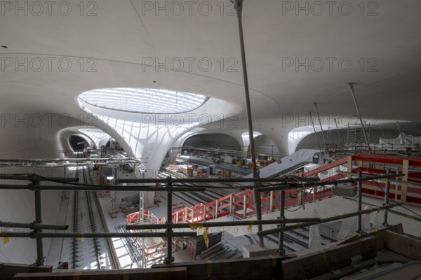 Underground cathedral, view of a modern interior under construction with glass roof, construction site of the new Stuttgart 21 railway station, Stuttgart, Baden-Württemberg, Germany