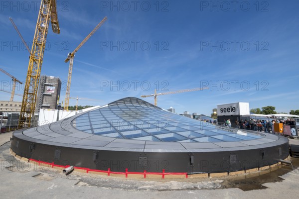 Open days at the new main railway station, Stuttgart 21, large glass structure on construction site with several cranes under a clear blue sky, glass dome, construction site of the new Stuttgart 21 railway station, Stuttgart, Baden-Württemberg, Germany