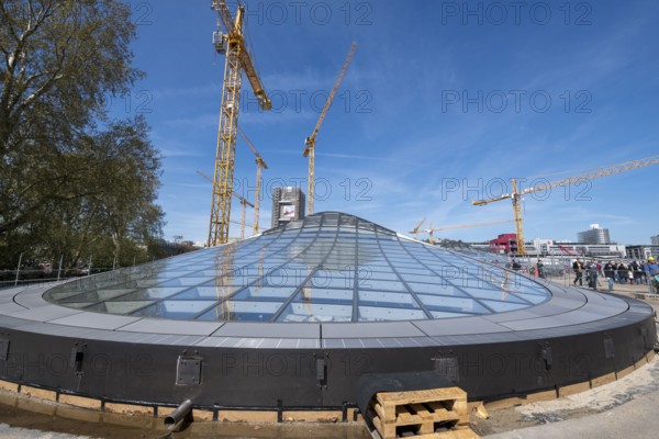 Open days at the new main railway station, Stuttgart 21, close-up view of a glass roof on a construction site with cranes in the background, glass dome, construction site of the new Stuttgart 21 railway station, Stuttgart, Baden-Württemberg, Germany