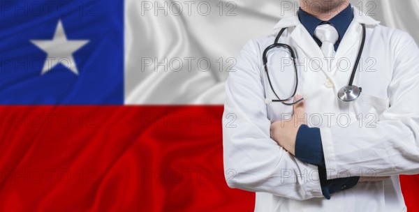 Male doctor with stethoscope on Chile flag. Doctor holding stethoscope on Chile flag