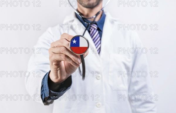 Chile healthcare system, doctor holding stethoscope. Chile health and medical insurance concept