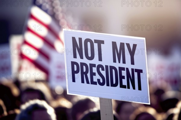 Close up of a protest sign with text 'Not my president with crowd in blurry background. Generative AI, AI generated
